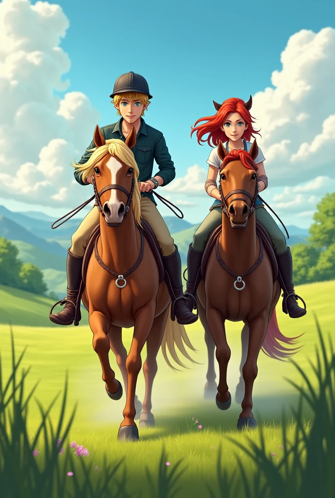 Damien (un ado de 17 blond au yeu bleue et jehane jehane(a 17 year old redhead with green eyes) horse riding