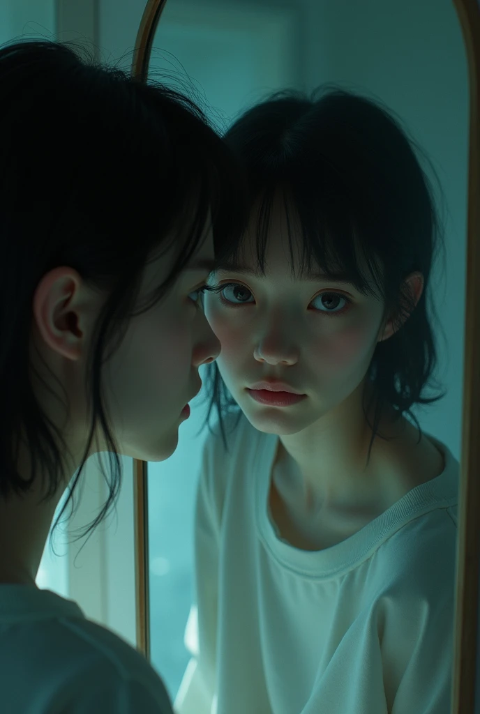 generates an image where a teenager is absorbed by a mirror
