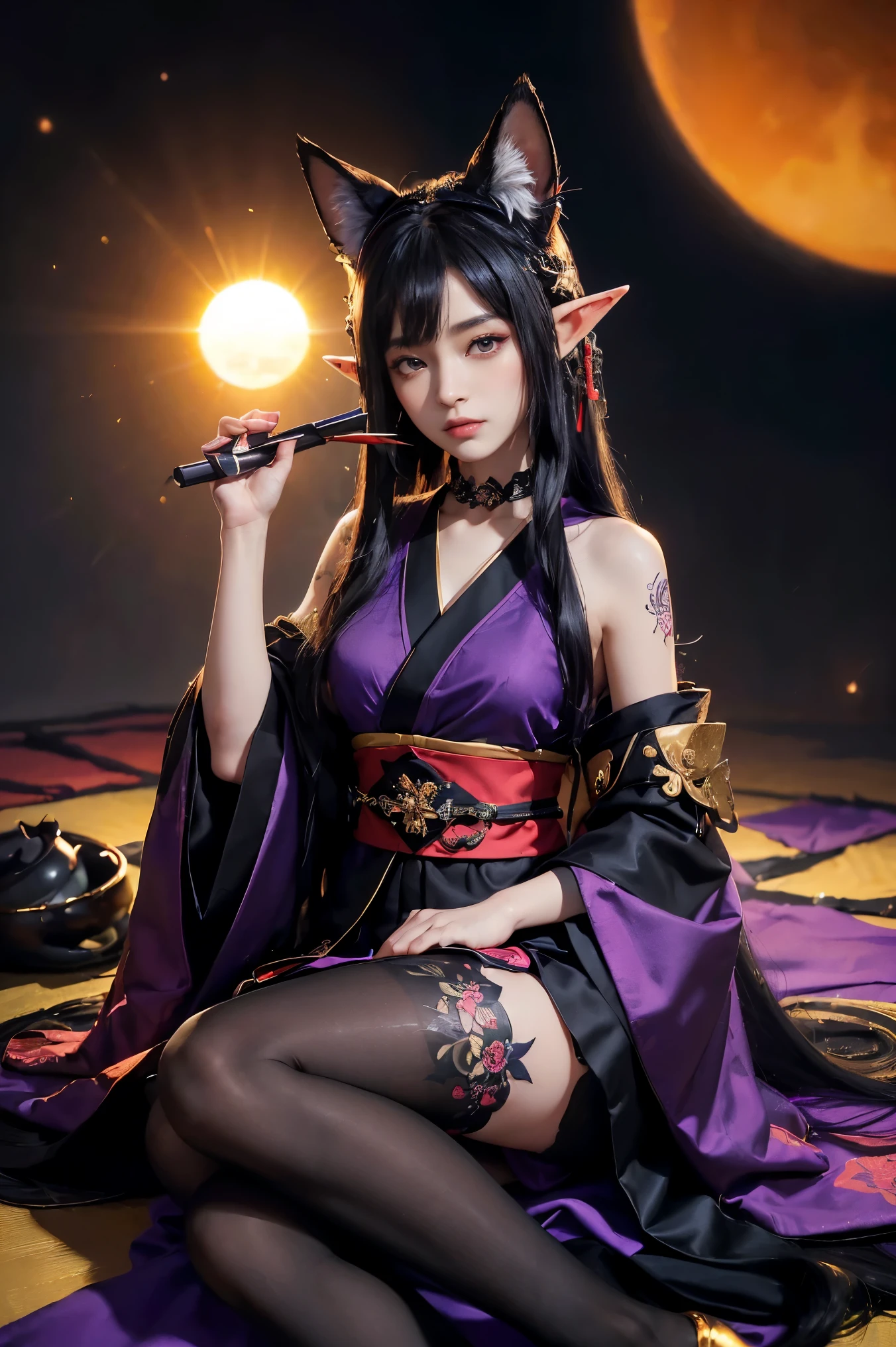 ( Absurdly , high quality , Very detailed,View Photographer)、(((sit)))、(((Black Super Straight Hair、Fox ears and elf ears)))、(((The Queen of the Black Four-Tailed Foxes)))、(((A luxurious Japanese kimono, beautifully adorned in intricate detail, with colors of black, purple, and red.)))、hair ornaments、Earrings、(((Black pantyhose)))、((Tattoo))、Queen of Queens、(masterpiece, 最high quality, 最high quality, Official Art, Beauty and aesthetics: 1.2), (One person: 1.3)、(((Background of the sun)))
