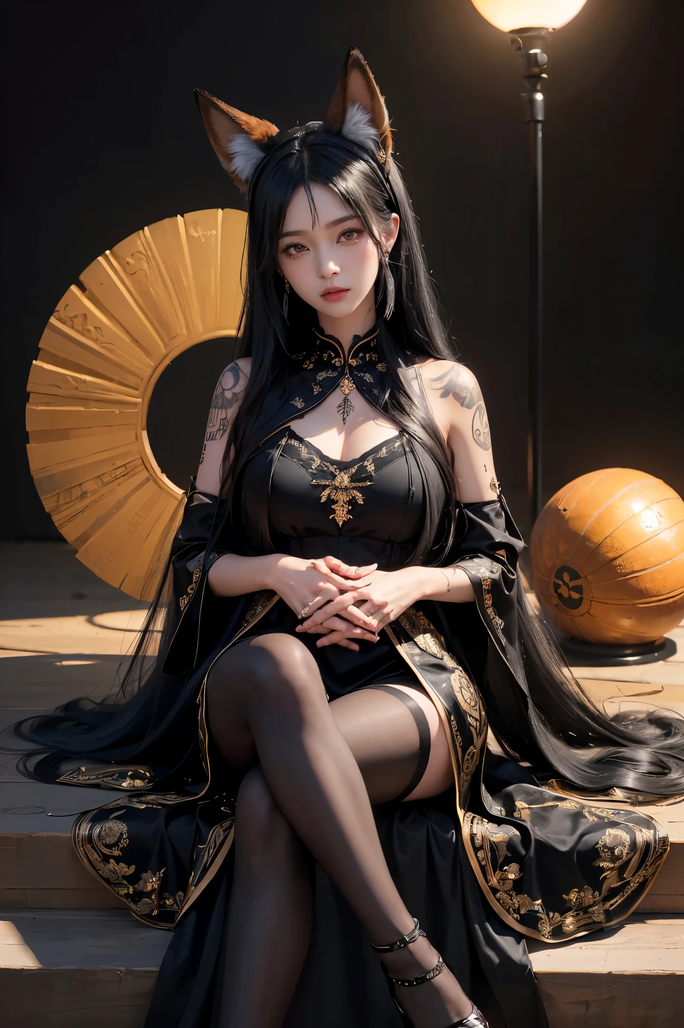 (Absurdly , high quality , Very detailed,View Photographer)、(((Black Super Straight Hair、Fox Ears)))、(((Fox God)))、A luxurious black dress, beautifully adorned with intricate details.、Fox Godを模した豪華な黒色の衣装、hair ornaments、Earrings、pantyhose、High heels、((Tattoo))、Queen of Queens、(masterpiece, 最high quality, 最high quality, Official Art, Beauty and aesthetics: 1.2), (One person: 1.3)、(((Background of the sun)))
