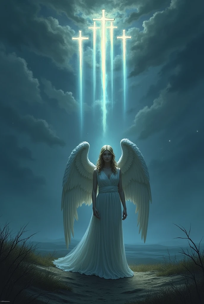 Generate an image of the "Five of Lights" card for the Lumen Angelis deck, capturing the sorrowful yet powerful symbolism of the Rider-Waite’s "Five of Swords." An angelic figure, solemn and humbled, stands alone in a desolate, twilight-lit landscape. Above the figure, five beams of light pierce through the dusky clouds, each representing a different aspect of loss or defeat. Some of the beams are fractured or bent, symbolizing conflict and the cost of pride. The angel’s wings are partially folded, reflecting the weight of the experience, but they still emit a soft, resilient glow. In the background, the horizon suggests a distant hope, with faint light emerging as a reminder of recovery and the lessons learned from struggle. The scene is deeply emotional, with a focus on the theme of reflection after conflict.