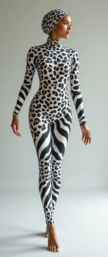 a beautiful and thin Asian and malaysian muslim adult girl with a shiny and beautiful face wears white leopard print lycra turtleneck unitard catsuit covered with stripes and always wear white leopard print lycra dancewear hijab covered with stripes.