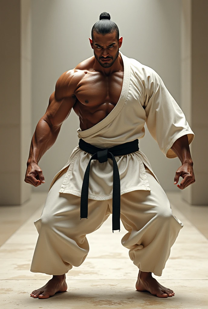 dark-skinned man with big back, small eyes and small mouth, big nose doing karate in uniform