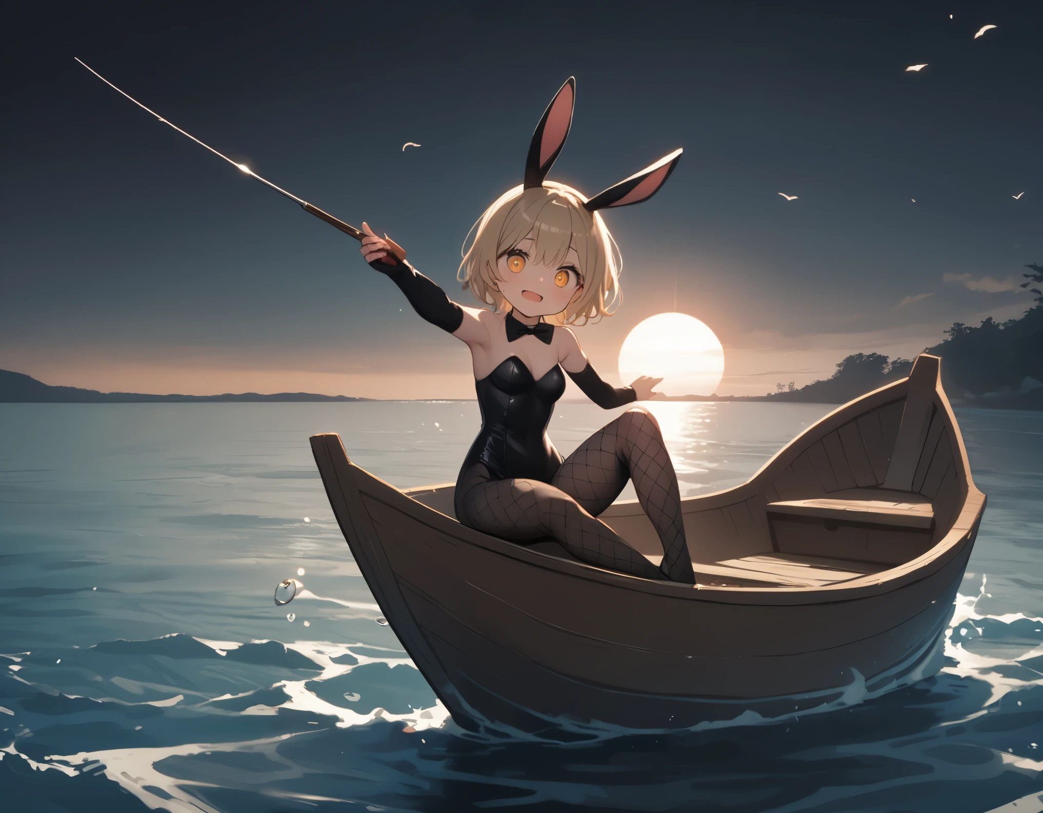 beautiful 1girl\(blonde hair, big eyes,cosmic eyes, fishnet tights, rabbit ears, black leather bunny suit\(reflecting light\), sitting on a small wooden boat, boring face, sweat, perky breast,full body\), the boat is equipped with a 1fishing rod, not a single fish is caught, the sea is extremely beautiful, crystal clear and the water is transparent,so many fishes you can find under the sea,sun shining, beautiful sky, sunlight pouring