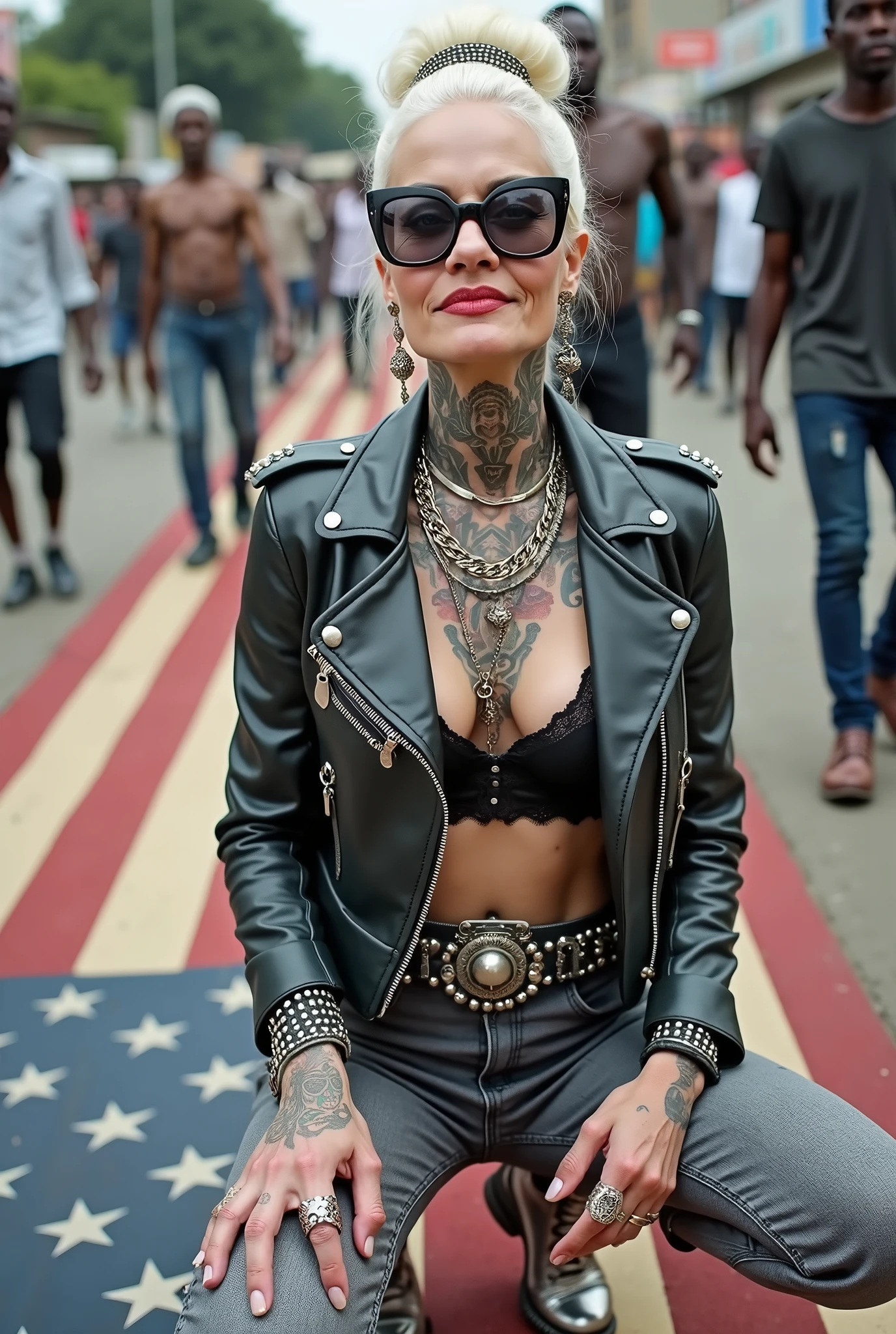 Anglosaxon old milf woman, , blonde platinum hair (beehive bun, black parsley headband), with very light green eyes, extremely pale. Wearing oversized square black maxisunglasses Wearing studded cropped black moto jacket (verical zippers on the sides). Black lace push up bra, dark grey skinny, tight low rise jeans (holes in knees). Silver Chelsea boots with cuban heels. Lots of thick wide studded bracelets, chain collars and big rings. Tacky wide studded leather belt, with big skull and bones round buckle. Long earrings with chains. Squatting on a large ragged, dirty usa flag, looking at the photographer. Craving heavily. Hands on knees. Waste and trash all over the floor. Her studded leather bag, thron away. Looking at the camera, chin up. Toned abdominals, thin neck, slim legs and thin arms. Neck, chest, belly, hands and arms completely tattoed. Street of Nairobi, crowded with shirtless men in jeans