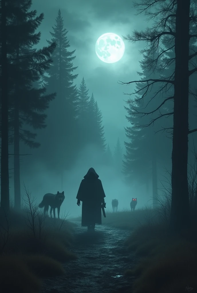 Forest at night with red-eyed wolves, foggy night, full moon, man walking, half-fat, in a hood and black clothes