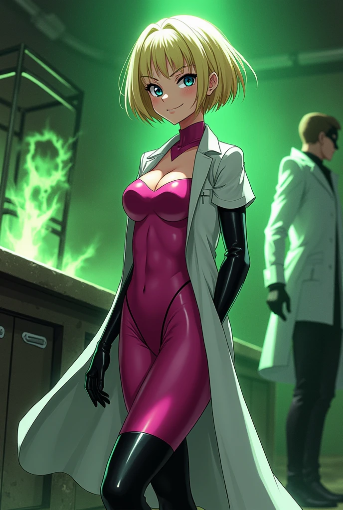Anime style, Sultry and Beautiful young woman with a soul of pure evil and hatred. Short blonde hair that covers her left eye and blue eyed supervillain dressed in a sleek skintight pink bodysuit, long black gloves and black calf high boots. A long white lab coat over her bodysuit competes the look. She is posing and emanating green energy. She has a smile crossing her thin red lips. The setting is a dirty laboratory with a captured costumed hero in a cage. She is creating poisons in a lab.