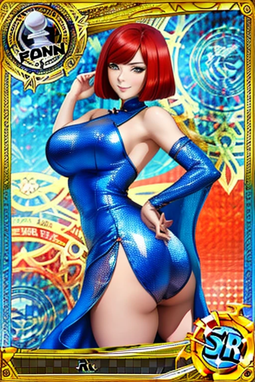 Trading card, Mature woman, china dress, sexy pose, big breasts, big ass, bob haircut, smile, redhead
