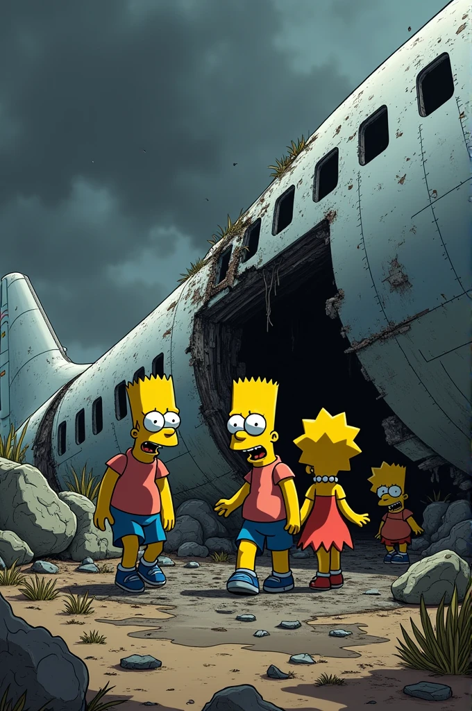 Create a photo of the Simpsons family exiting a broken plane after a plane crash in 2003