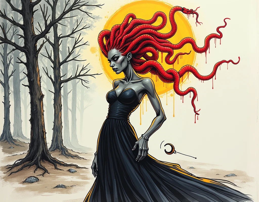 An expressive over the shoulder unfinished cartoon sketch featuring a hairless figure Medusa in a maxi dress. MEDUSA has snakes on their head with accurate snake bodies, snake scales, and a snake tail rattle. The drawing includes ornate corpsepaint blackmetal facepaint, resembling Grace Jones. The style blends the art aesthetics of Sean Gordon Murphy and Joelle Jones with a rough sketch charcoal art style. The sketch shows rough-draft pencil lines underneath with bold lines over a rough-sketch inking, using an ink and charcoal blend. The scene is set in the pine barrens with sparse trees, emphasizing a candid, sorrowful expression. The sketch uses angular and expressive lines in an incomplete, unfinished style, evoking a sense of embering dim glow fiery decay. Colors include red, yellow, and blue (RYB coloring), (sfw), clothed. --no polished --no clean --no detailed --no smooth --no refined