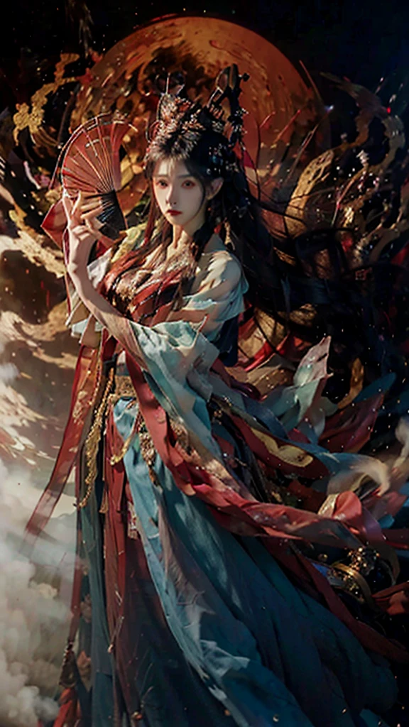 best quality,masterpiece,Ultra-high resolution,photoactual:4：0,Demon World,dark clouds all over, tornado,An iron fan princess,long flowing hair,Handsome and handsome face,sharp eyes,Big breasts,thin waist,Charming and slender,Wearing a stunning red and black outfit,Holding a giant palm leaf fan