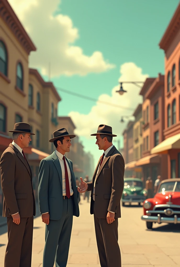 Create a scene set in the 50s where there are 3 men seen from afar talking without hats animated