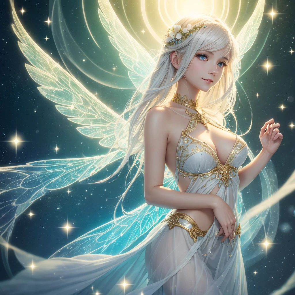 "A Luminous Fairy, a radiant being who harnesses the power of light and hope. She has flowing golden or white hair, with wings that shimmer like transparent prisms, reflecting light with a celestial glow. Her eyes are bright and shining, radiating warmth and compassion. She appears to be in her late 20s, though her true age remains unknown. Her attire is elegant and moderately revealing, adorned with light-infused patterns that exude a divine and heavenly aura. Her expression is warm and nurturing, with a gentle, reassuring smile and eyes that convey a deep sense of kindness. Luminous Fairies are born from particles of light in places blessed by the sun or stars, embodying the essence of hope and healing."