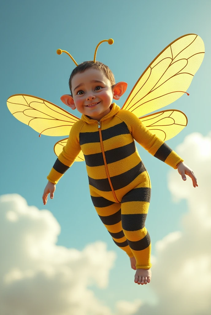 30-year-old woman with dwarfism dressed as a bee (make it fly (Give it the facial features of a person with dwarfism.)(that comes out in full body) (in plane looking to one side, but not in profile) and a pose that is flying like a real bee (flying with its wings (I don't mean that she's on a plane., I mean she's flying like a fairy but dressed as a bee.)