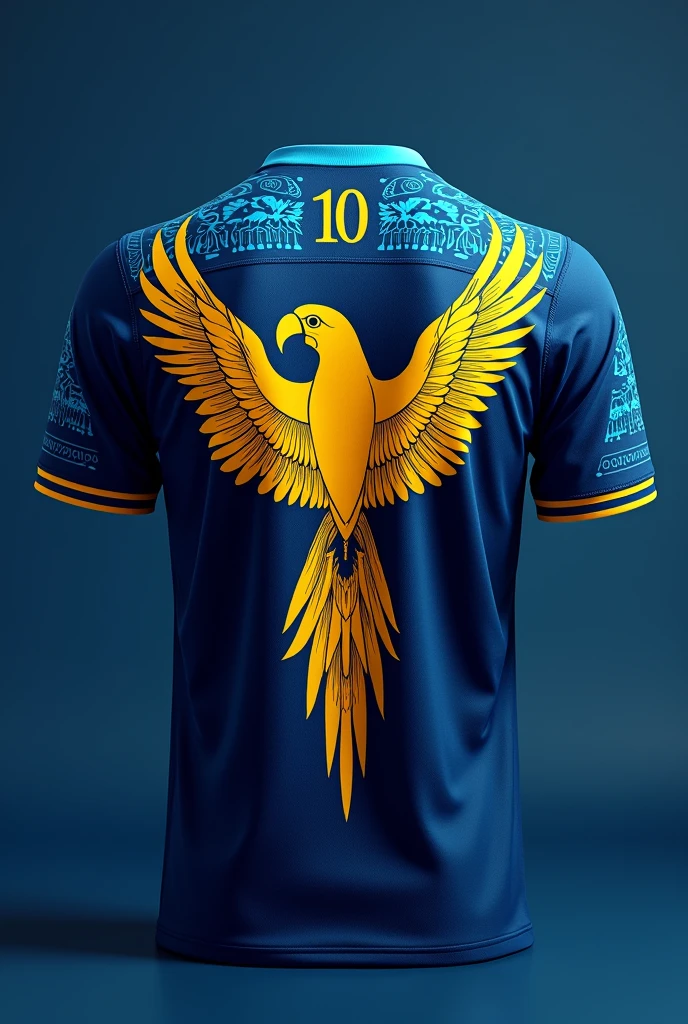 Dark blue football shirt Back Indigenous details in light blue On the back a large Brazilian macaw in gold open flying in the center of the shirt Number ten black above the macaw And player name at the bottom