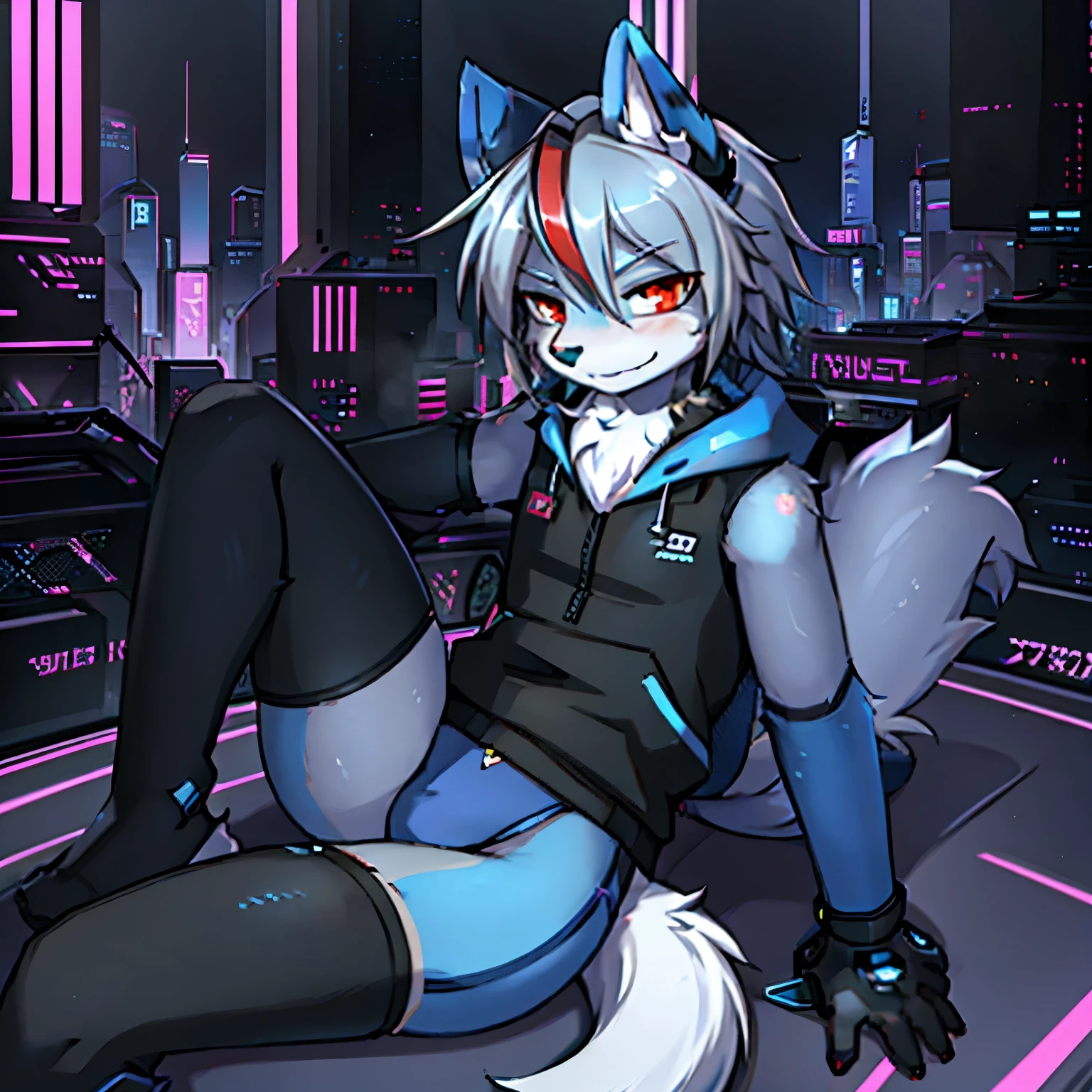((masterpiece, best quality)), (anthro furry:1.3, snout:1.2, anthro:1.3, furry:1.2, solo male:1.2, smug smile), Furry, kemono, furry wolf, anthropomorphic, male, silver fur, silver skin, red eyes, femboy, cyberpunk clothes, sexy clothes, revealing clothes, ((blue clothing)), cyberpunk theme, uploaded on e621, Cyberpunk technology. cybernetics,