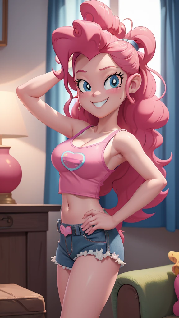 masterpiece, best quality, cowboy shot, solo, 1girl, mlppinkiepie, smile:0.5, looking at viewer, pink tank top, spaghetti straps, big breasts, pink sweat shorts, living room, indoors,dynamic lighting, slight smile, adult torso, midriff, sexy pose