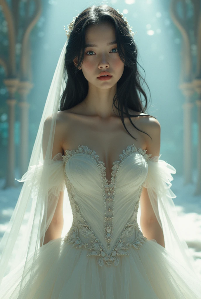 adolescent, white skin, europea,, wedding dress with neckline, long black hair. giant neckline, 30 cm high. blue eyes. pale and white skin. big breasts and slim build. full body image. 8k resolution. Heavenly fantasy background.