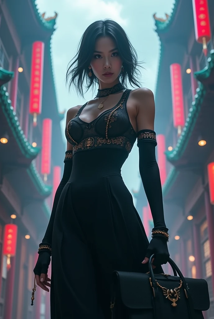 (masterpiece, Best Quality, High resolution, 32K HDR),year of dragon,chinese Mafia girl, man harem,strong woman,black long hair, 