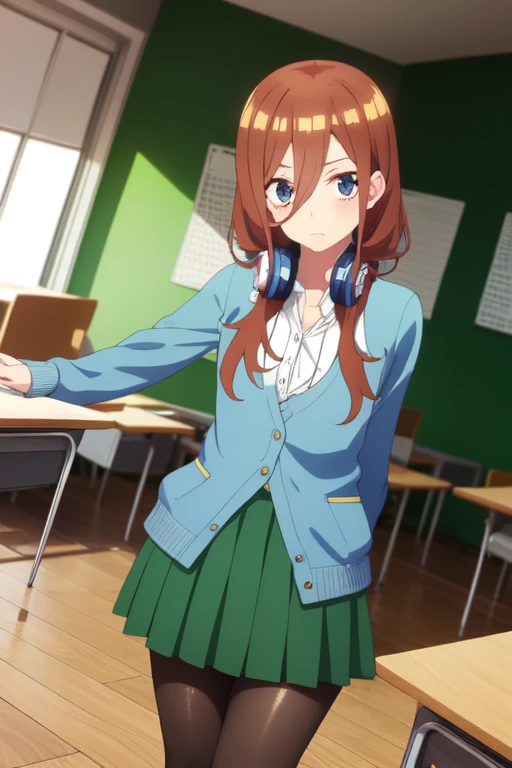 score_9, score_8_up, score_7_up, source_anime, mikunakano, miku nakano, long hair, bangs, blue eyes, brown hair, shirt, hair between eyes, headphones, cardigan, headphones around neck, skirt, shirt, long sleeves, white shirt, pantyhose, pleated skirt, black pantyhose, cardigan, green skirt, blue cardigan, indoors, classroom, looking at viewer, cowboy shot, dutch angle,
