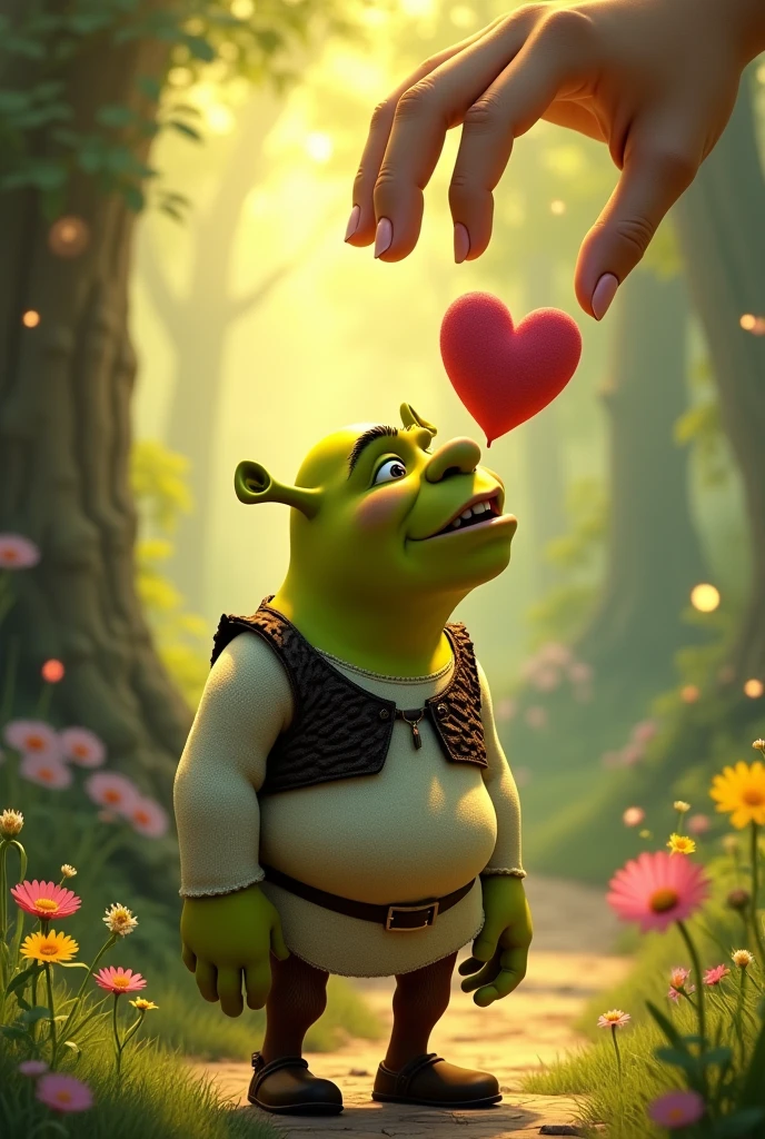 SHREK CHARACTER GIVING HIM A KISS FROM TOP TO BOTTOM TOWARDS HIS FACE