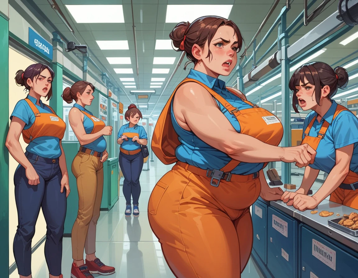 A factory that makes women fat, multiple women forced to gain weight, forced feeding, multiple stages of becoming fat, random hair, random clothes, quickly becoming fat by force