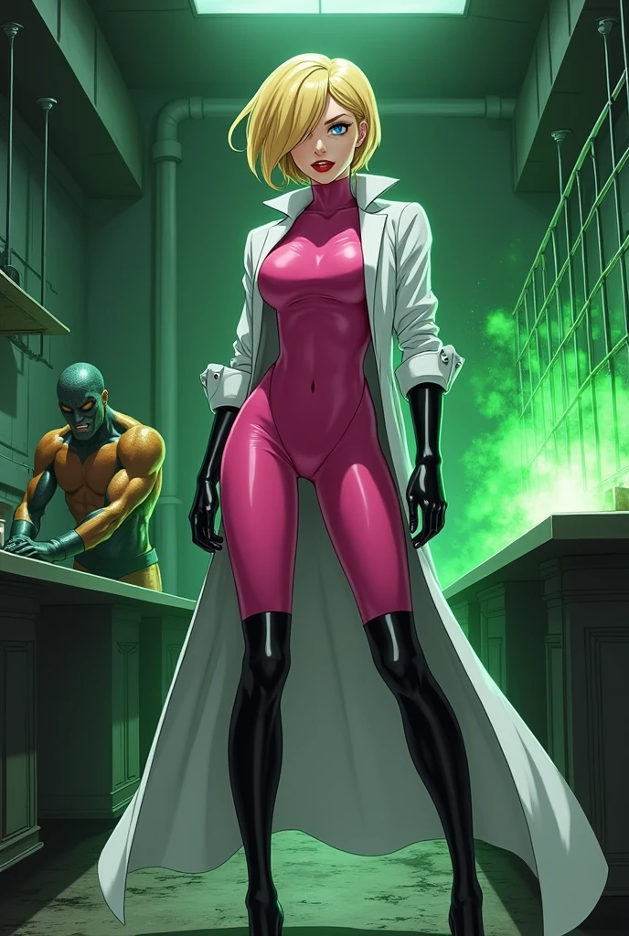 Anime style, Sultry and Beautiful young woman with a soul of pure evil and hatred. Short blonde hair that covers her left eye and blue eyed supervillain dressed in a sleek skintight pink bodysuit, long black gloves and black calf high boots. A long white lab coat over her bodysuit competes the look.  She is posing and emanating green energy. She has a smile crossing her thin red lips. The setting is a dirty laboratory with a captured costumed hero in a cage. She is creating poisons in a lab.