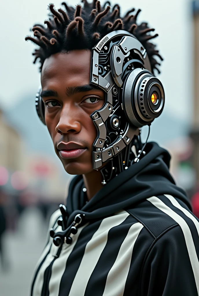 Create an image of a cyborg young man, Afro-Portuguese descent cyborg man, part of your face will be a machine, man looking to camera, hyperrealistic, intricate cyberpunk robot, art by moon crypto wow and popular science, in İstanbul, Besiktas, Besiktas Stadium background, Black White Stripped shirt
