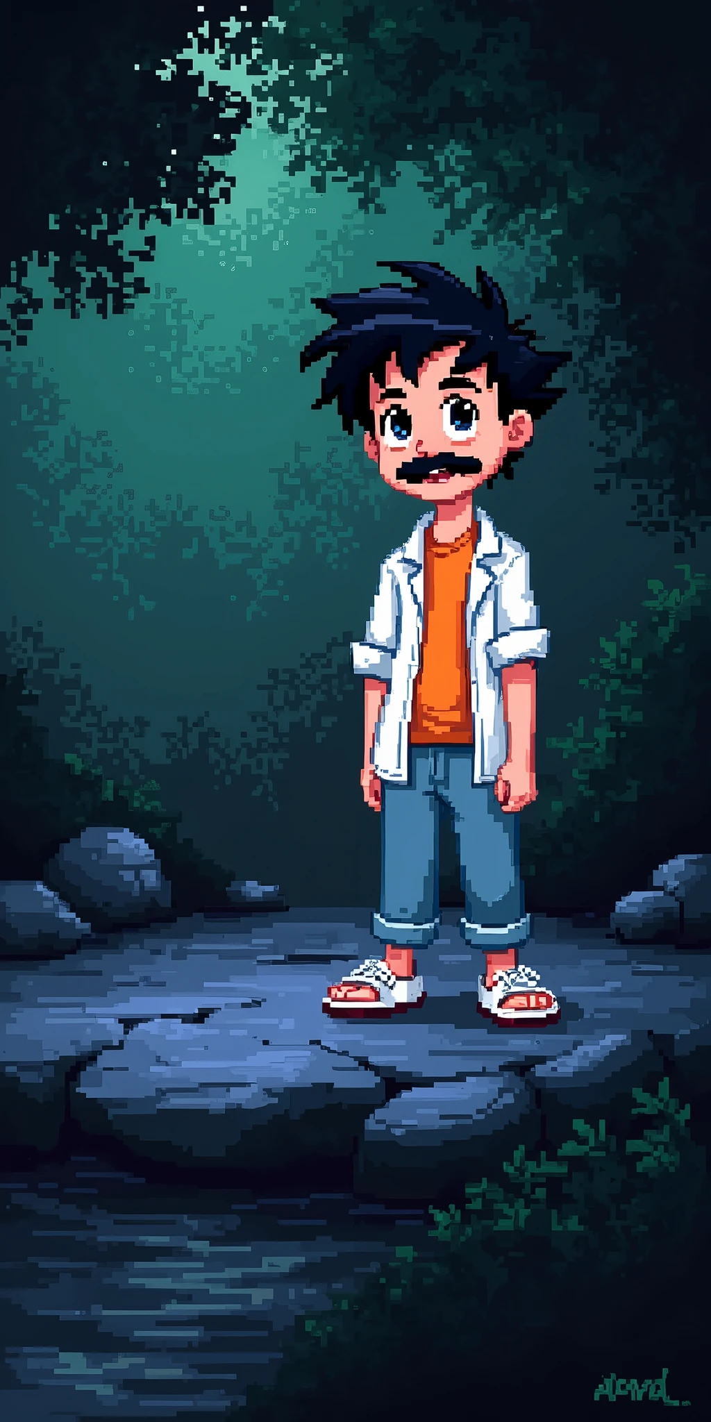 Disney pixel style boy, black hair, barba, orange shirt, and green background 