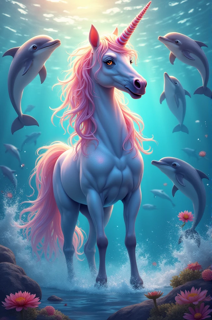 A very colorful unicorn with dolphins full of happiness 