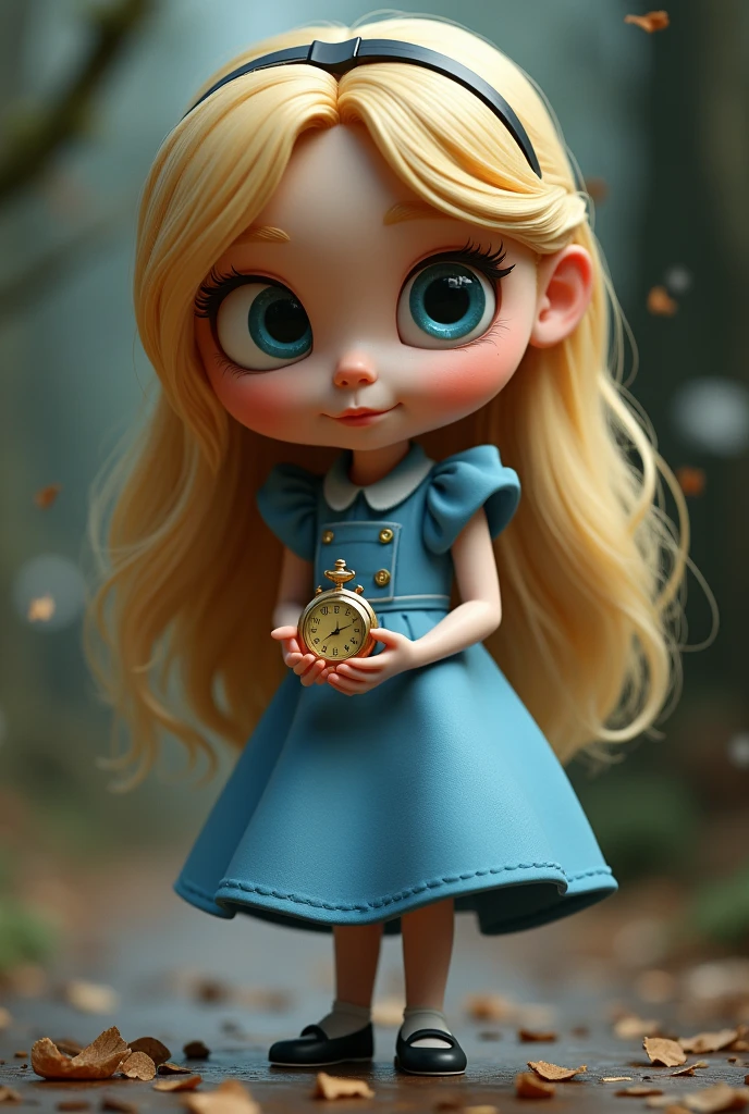 The image shows a cute, stylized version of Alice in Wonderland., with long blond hair and big blue eyes, wearing a blue dress. Alice holds a golden pocket watch in her hand, suggesting the passage of time and the events of the story. The image is very detailed and has a 3D style., with realistic textures and natural lighting.