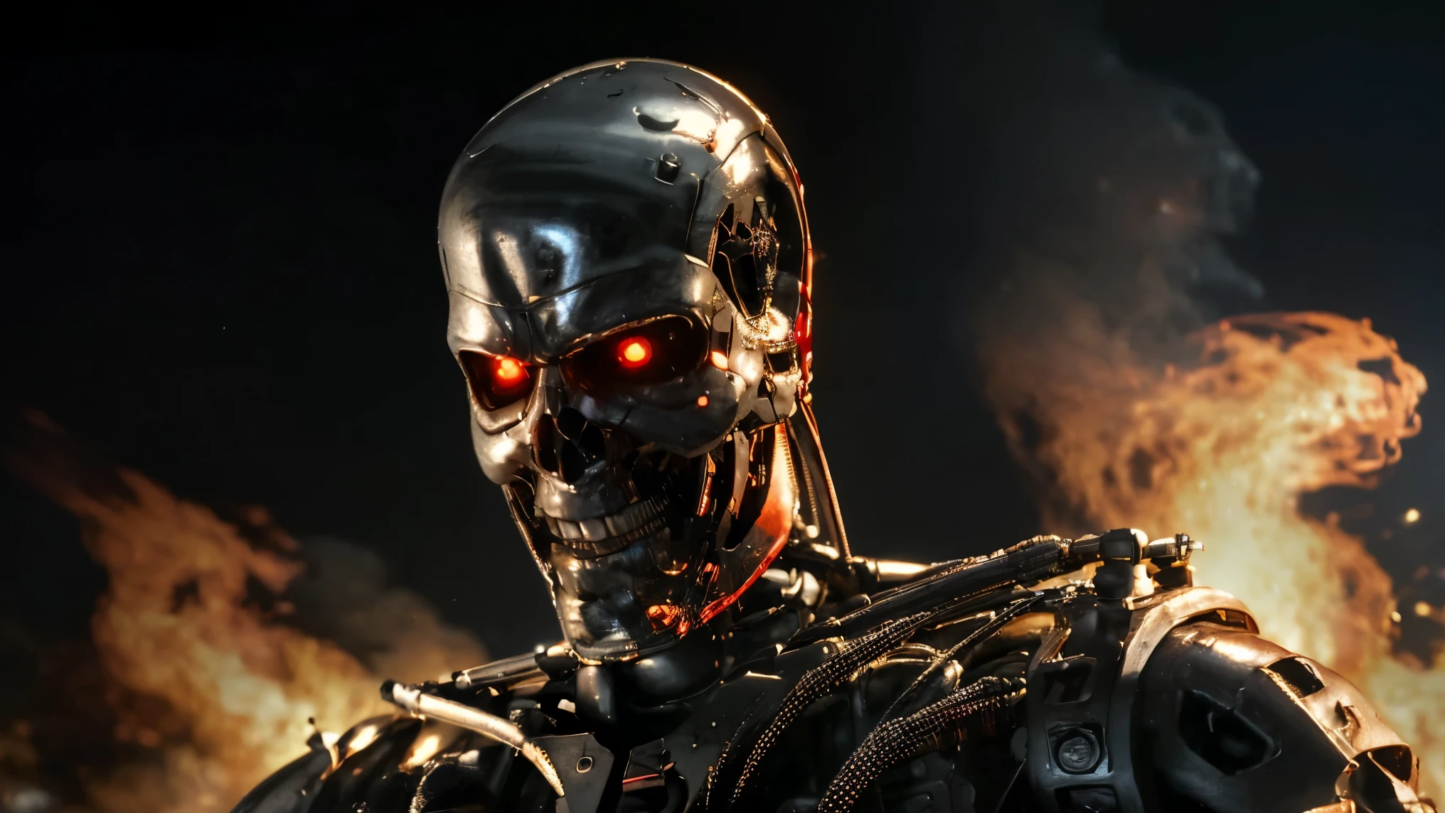 ((realisti, best quality, masterpiece: 1.3)), terminator, T-800, skeleton, red eye, Face close up, dark atmosphere, movieposter, CD-Cover, Cinema view, hellcore, sparks, smoke, upper body, dark, Apocalypse, bright, the explosion, Appearance of the album cover,