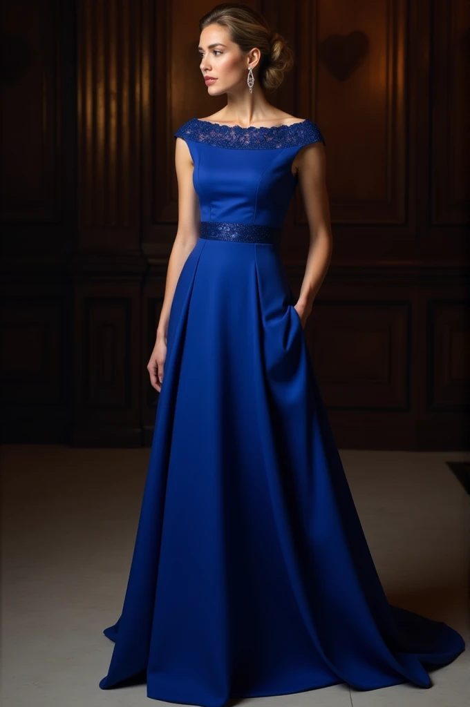 sapphire blue evening dress with boat neck