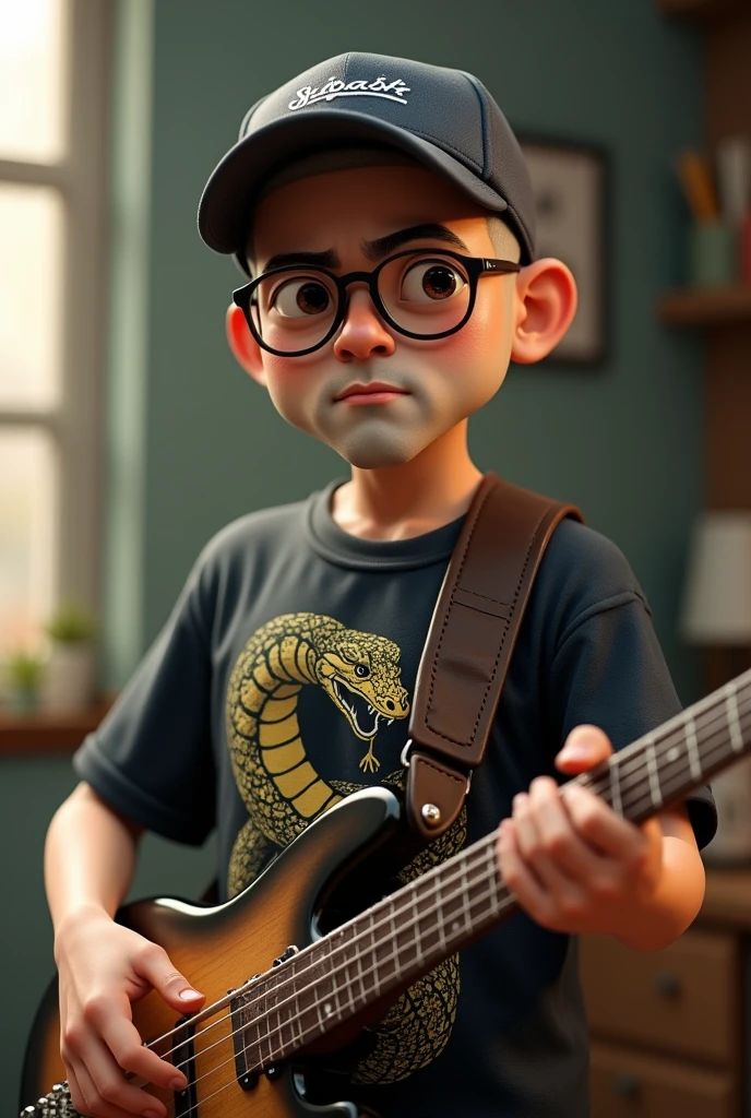 A cartoon character of a 50-year-old Japanese man with no beard, wearing a shaved head, a bass cap, black glasses and a T-shirt with a picture of a snake, holding a bass guitar, Anime characters, Stylized characters, Animation-style rendering, 3D stylized, Arnold Maya Rendering, 3D rendering style, toon render keyshot, 3D Characters, 3D Characters, 3D rendering style, 3D Charactersレンダリング, Cartoon characters, Close-up Character, Character pose, (Pixar Style) (Master Parts:1.2) (Bokeh) (Highest quality) (Fine skin) (Fine texture) (8k) (clay) (Cinema Lighting) (Sharp focus）