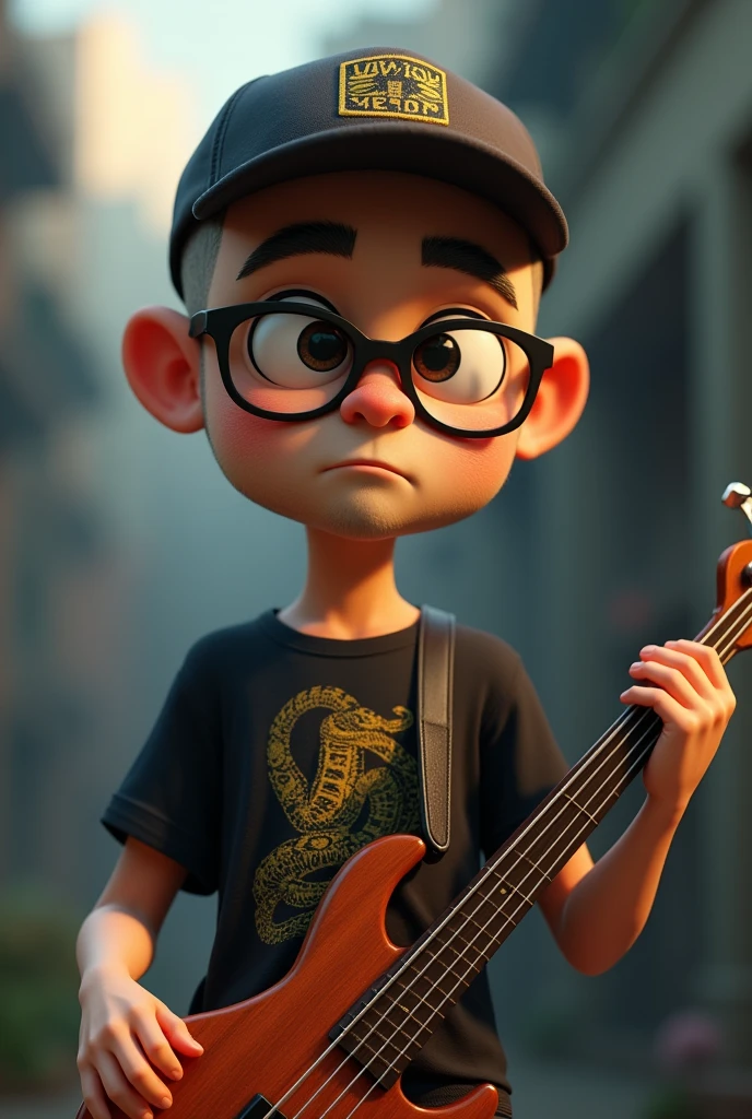 A cartoon character of a 50-year-old Japanese man with no beard, wearing a shaved head, a bass cap, black glasses and a T-shirt with a picture of a snake, holding a bass guitar, Anime characters, Stylized characters, Animation-style rendering, 3D stylized, Arnold Maya Rendering, 3D rendering style, toon render keyshot, 3D Characters, 3D Characters, 3D rendering style, 3D Charactersレンダリング, Cartoon characters, Close-up Character, Character pose, (Pixar Style) (Master Parts:1.2) (Bokeh) (Highest quality) (Fine skin) (Fine texture) (8k) (clay) (Cinema Lighting) (Sharp focus）