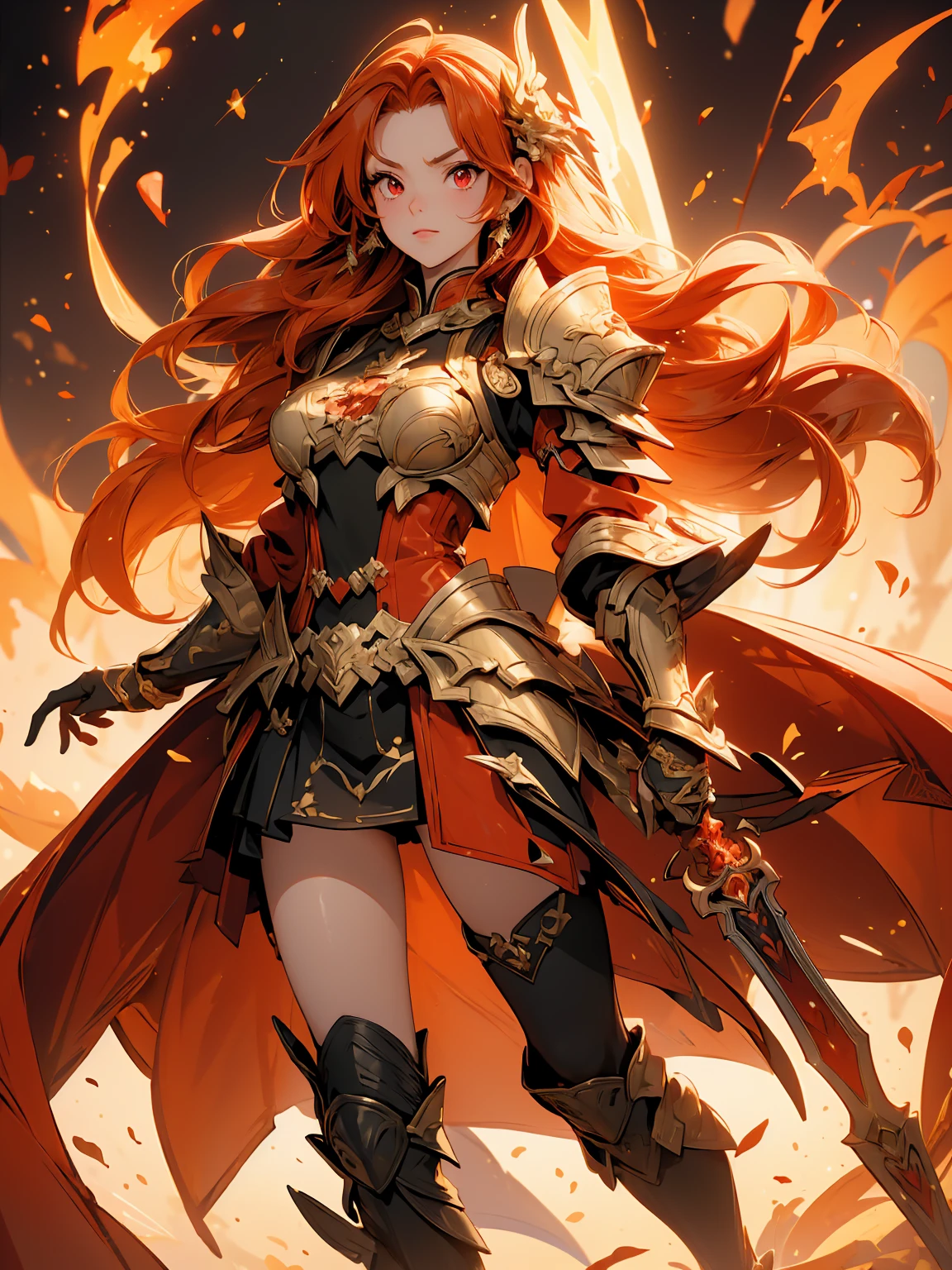(((masterpiece, best quality, high detailed, 16k))) hzk (1girl) A fierce dragon rider with wild, fiery orange hair and blazing red eyes. She wears a suit of dragon-scale armor that shimmers in shades of red and gold, and a large sword is strapped to her back. She stands confidently beside her dragon, her hand resting on its massive neck. ((full body view))