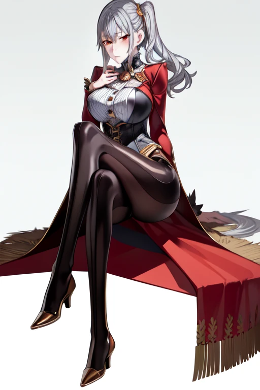 full body, solo, 1girl, looking at viewer,  silver hair, long coat, short dress,corset, pantyhose,red eyes,long hair, 
 braid right side ponytail, mature female, (masterpiece), detailed hands, detailed eyes, beautiful face, beautiful eyes, perfect hands, looking at the viewer, left hand resting in her chest, right and posing, orange eyeshadow 