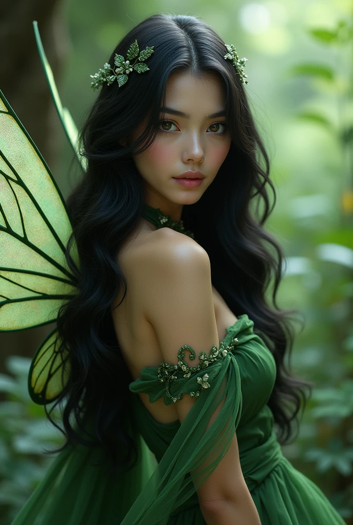 woman, long wavy black hair, fairy type, big fairy wings, green dress, looking at the camera, photorealistic