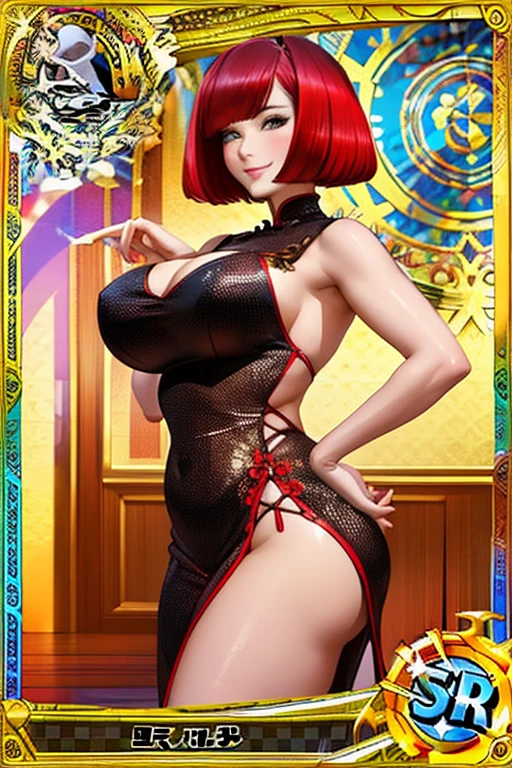 Trading card, Mature woman, china dress, sexy pose, big breasts, big ass, bob haircut, smile, redhead