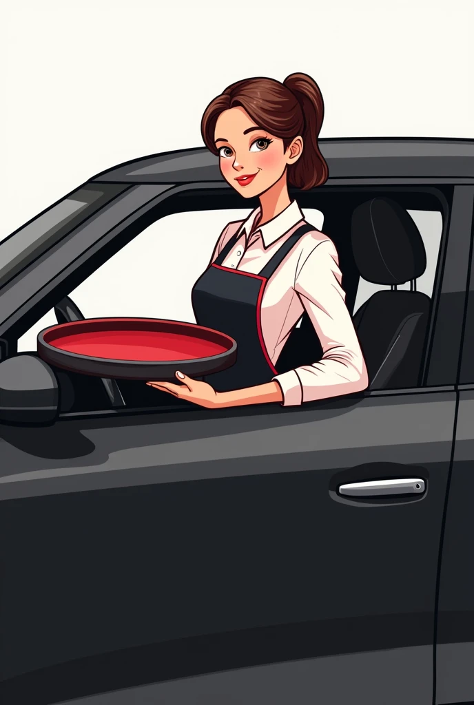 Waitress figure with black and red tray, sitting in the front of a black car for a logo

