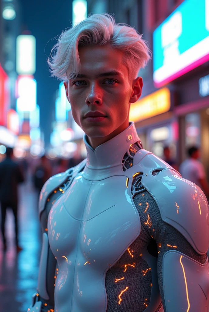 Sure! Here’s a revised description featuring an elegant young man while maintaining a similar level of quality and detail:
"In a striking cyberpunk metropolis, a vivid portrait captures the young man as a stunning bionic figure, confidently posing for the camera in a bustling future marketplace. He wears a sleek white Spider-Man uniform that hugs his form, accentuating his powerful stature while showcasing his intricately designed bionic enhancements—glowing circuitry visible beneath the elastic fabric, pulsing rhythmically with the neon lights surrounding him. His skin, fair and luminous, glows under the kaleidoscope of colorful holographic displays advertising futuristic products and services, creating an electrifying backdrop that enhances his presence.
His hair, a cascade of silver locks, flows elegantly around his face, beautifully framing his chiseled features as he gazes directly into the lens, his synthetic eyes radiating confidence and allure, embodying both strength and sophistication. The air is charged with the sounds of lively conversations and the whir of drones delivering goods, but in this moment, he commands the scene—a captivating figure amid the vibrant chaos. A digital projection of upcoming tech innovations glimmers beside him, showcasing art and messages of social change that resonate deeply with his powerful presence.
(Radiant neon lighting, deep contrasts, and sharp details), 160-color support, filmed on ARRI ALEXA 65, creating an immersive experience that feels both surreal and breathtakingly real. Shot by Don McCullin, this image connects his striking bionic features with the heart of a futuristic world, capturing a moment that’s as enchanting as it is transformative."
beauty, cyberpunk, bionic, futuristic, Spider-Man, model, elegance, urban, glamour, fashion, stunning, radiant, neon, confident, striking, innovative, artistic, technological, sophisticated, captivating, immersive, gritty, cultural, portrait, beauty photography, professi
