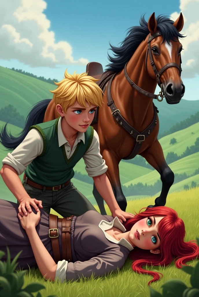 Damien (a 17 year old blond teenager with blue eyes and jehane jehane(a 17 year old redhead with green eyes) she falls from her mare