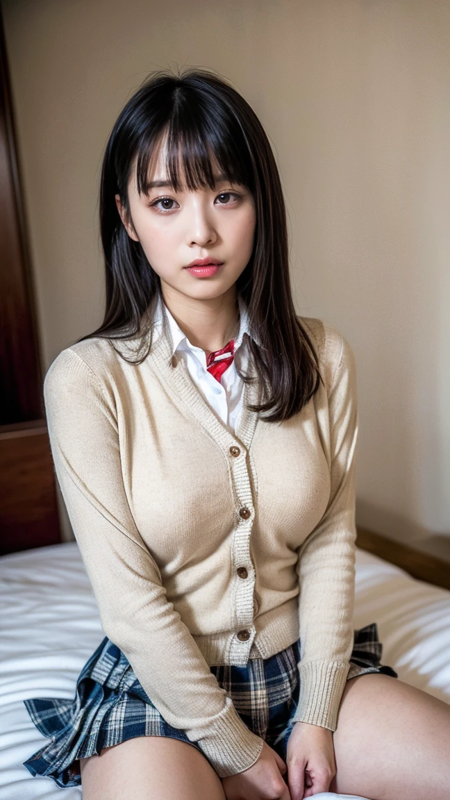 (((8k、High resolution、Highest quality、High resolution)))alone、Natural body shape、White skin、Natural Makeup、Black Hair、bangs、Straight Long Hair、、((High School Uniform)) 、((Beige cardigan、white collared long sleeve blouse))、((Red checkered pleated skirt))、(red school ribbon)、、(Big Breasts:1.3)、((The upper body is wearing a uniform))、(((((Looking into the camera)))))、(((Head to shin portrait)))、(((Exposing your thighs)))、Bedroom、On the bed、Sit with your legs apart、((Focus on the crotch))、White socks