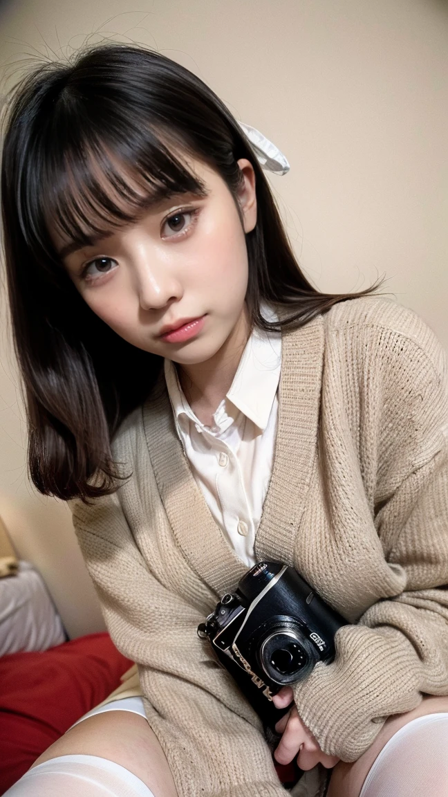 (((8k、High resolution、Highest quality、High resolution)))alone、Natural body shape、White skin、Natural Makeup、Black Hair、bangs、Straight Long Hair、、((High School Uniform)) 、((Beige cardigan、white collared long sleeve blouse))、((Red checkered pleated skirt))、(red school ribbon)、、(Big Breasts:1.3)、((The upper body is wearing a uniform))、(((((Looking into the camera)))))、(((Head to shin portrait)))、(((Exposing your thighs)))、Bedroom、On the bed、Sit with your legs apart、((Focus on the crotch))、White socks