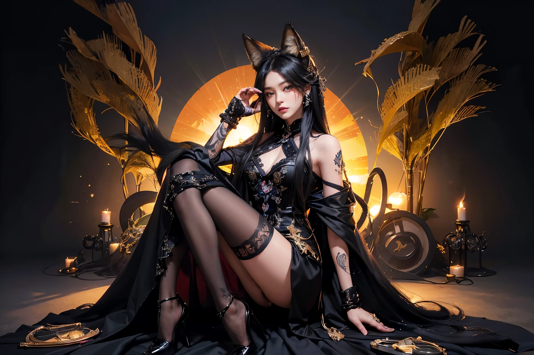 (Absurdly , high quality , Very detailed,View Photographer)、(((Black Super Straight Hair、Fox Ears)))、(((Fox God)))、A luxurious black dress with beautiful details、Fox Godを模した豪華な光沢黒色の衣装、hair ornaments、Earrings、pantyhose、High heels、((Tattoo))、Queen of Queens、(masterpiece, 最high quality, 最high quality, Official Art, Beauty and aesthetics: 1.2), (One person: 1.3)、(((Background of the sun)))
