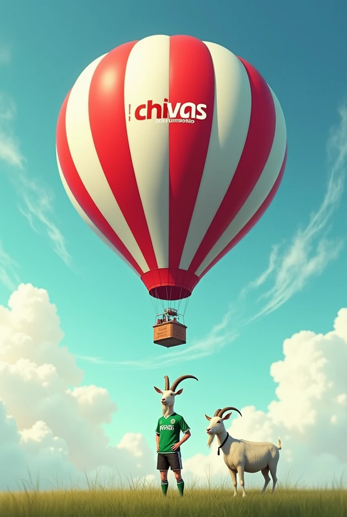 hot air balloon with the name Chivas and to one side a goat with clothes from the Chivas de Guadalajara soccer team 