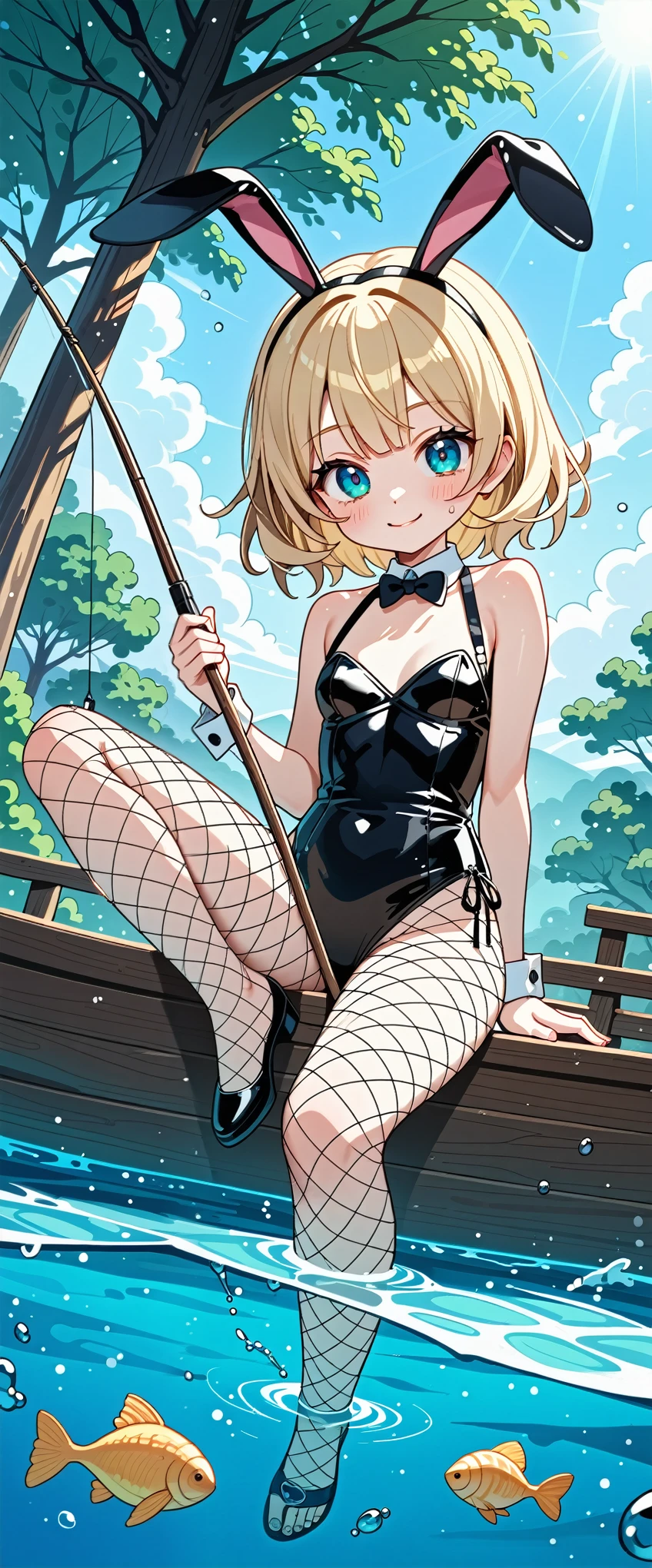 score_9, score_8_up, score_7_up, score_6_up, score_5_up, score_4_up, source_anime,source_furry,rating_safe,rating_questionable,masterpiece, best quality, perfect anatomy , very aesthetic , absurdres,solo, beautiful 1girl\(blonde hair, big eyes,cosmic eyes, fishnet tights, rabbit ears, black leather bunny suit\(reflecting light\), sitting on a small wooden boat, boring face, sweat, perky breast,full body\), the boat is equipped with a 1fishing rod, not a single fish is caught, the sea is extremely beautiful, crystal clear and the water is transparent,so many fishes you can find under the sea,sun shining, beautiful sky, sunlight pouring,from below,dynamic angle,cute pose