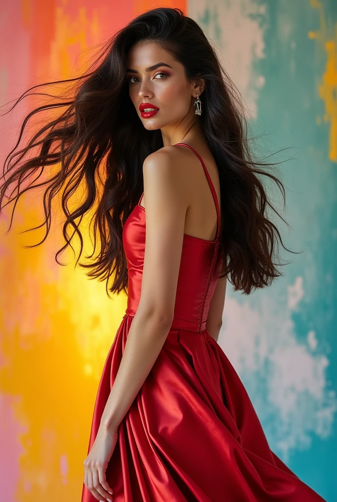 A high fashion magazine cover photo shoot. A model stands elegantly against a vibrant white accented painterly multi coloured background, wearing a colorful, satin gown with, immaculate face-makeup. . The dress features a mix of bold colors and patterns, accentuating the model's silhouette. Her long, dark hair billows dramatically to the side, creating a sense of movement, while her makeup is striking, with bold eye makeup and red lips. She gazes confidently over her shoulder.
--v 6.1 --ar 2:3 --s 250 --c 25 --q 2
--p yilq43q
--sref --sw 35