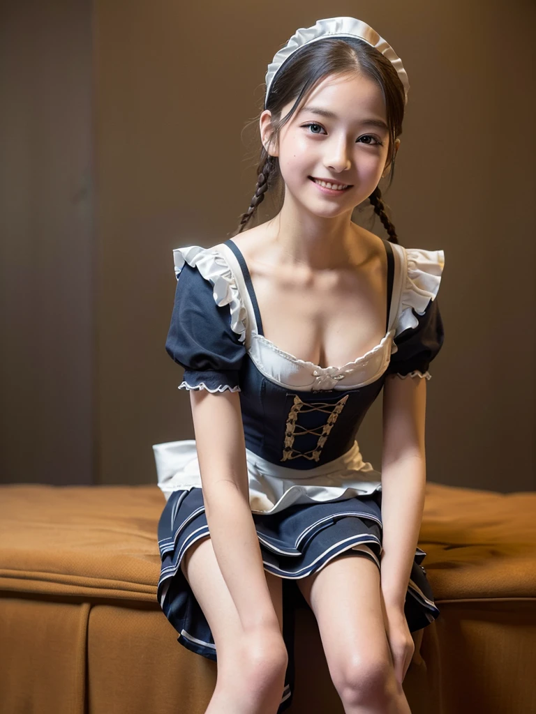 (Highest quality:1.5)、(masterpiece:1.5)、(8k:1.5)、((Elementary school student appearance:1.7))、(Flat Chest)、(Victorian tight maid uniform:1.5)、Braid、(Angle from below:1.3)、smile、(The background is the hotel:1.7)、whole body、Underbust corset、Hotel Bed、(Cowboy Position:1.5)、(Sit with your legs apart:1.5)