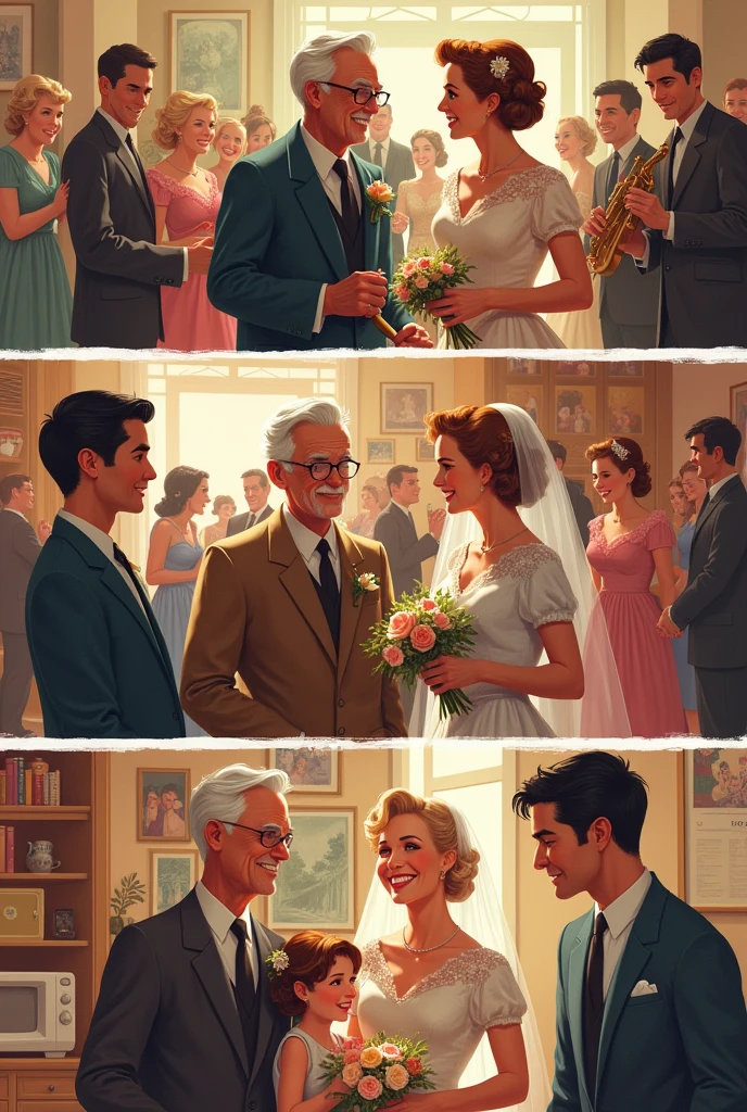 Panel 1: The Grandparents' Meeting
Description: "Illustrate a scene from a 1950s party or dance, with a lively and vintage atmosphere. Show a couple of grandparents, dressed in period-appropriate attire, meeting and chatting with smiles."
Panel 2: The Grandparents' Wedding
Description: "Draw a wedding ceremony from the 1950s. The grandparent couple should be in formal wedding attire, surrounded by smiling friends and family. The setting can include a church or a decorated wedding venue."
Panel 3: The Formation of the New Family
Description: "Show a scene with the older grandparents interacting with children (representing your parents as kids). The environment should be warm and homey, reflecting a family home with period-appropriate furniture and decor."
Panel 4: The Growth of the Family
Description: "Illustrate your parents, now adults, in a family setting. Show them in a home environment, such as a house with a garden. Include you, Isaque, as a child playing or interacting with your parents."
Panel 5: The Present and the Future
Description: "Draw you, Isaque, looking with interest and pride at a family photo album. The scene should convey a sense of connection and pride in the family history. The setting can be a cozy room with photos and memorabilia."
Additional Instructions:
Style: Realistic, with the option for an artistic touch as preferred.
Colors: Use a color palette that matches the era and mood of each scene.
Text: Include captions as described above in speech bubbles or in a banner at the bottom of each panel.